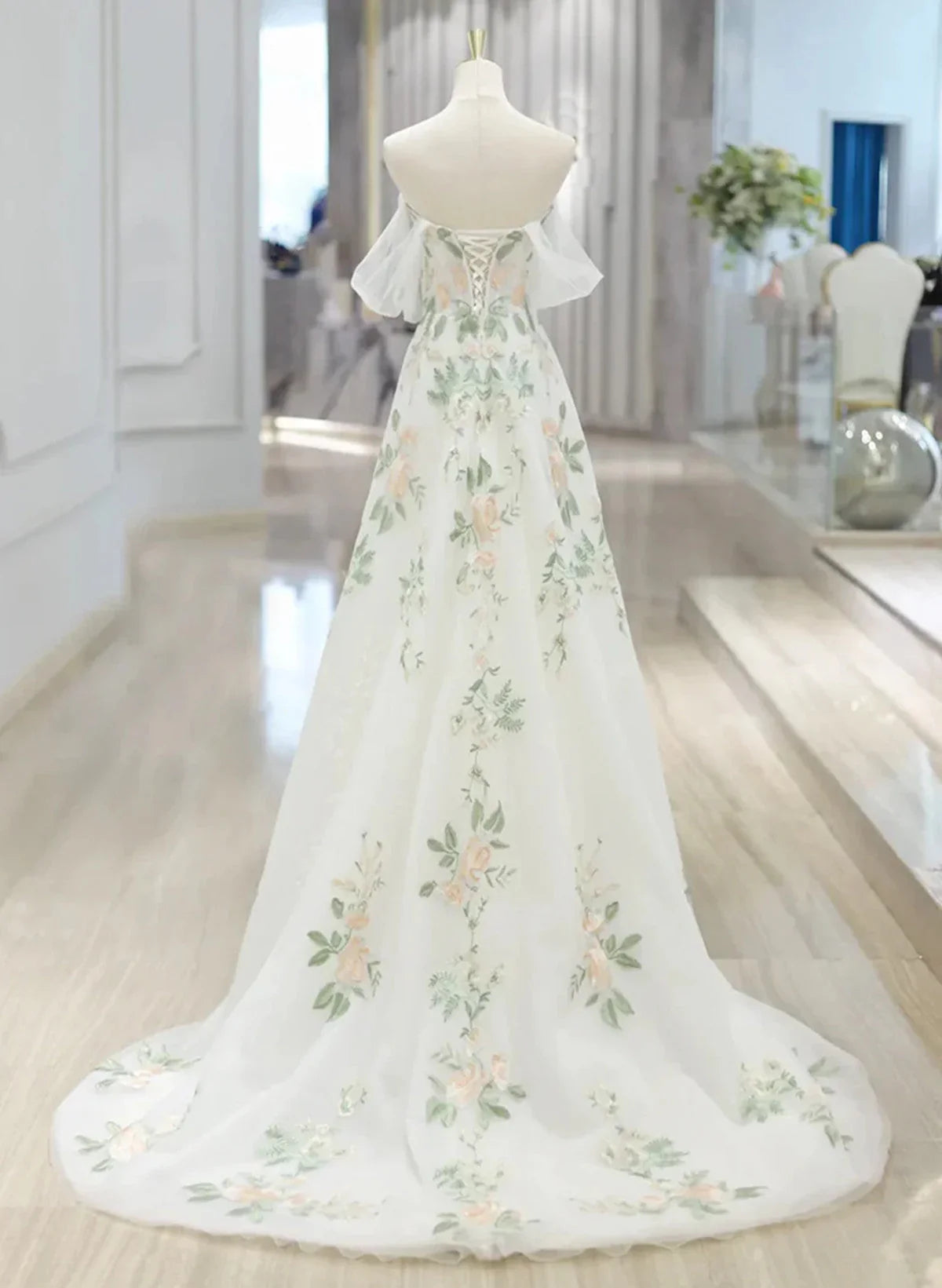 Elegant White Sweetheart Off-the-Shoulder Floral Tulle Wedding Dress TP1061