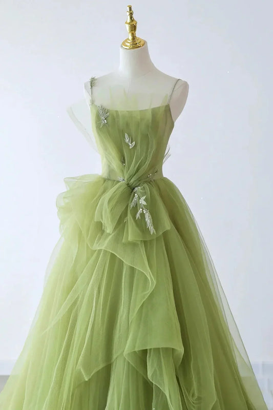 Elegant Green Tulle Straps Long Formal Dress, Green Tulle Evening Dress Party Dress TP1082