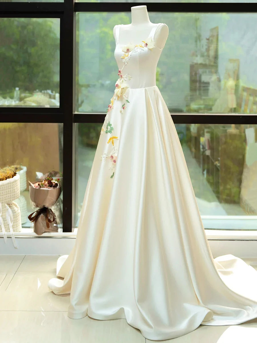 Elegant Satin Floor Length Formal Dress with 3D Flowers, Light Champagne A-Line Evening Party Dress TP238