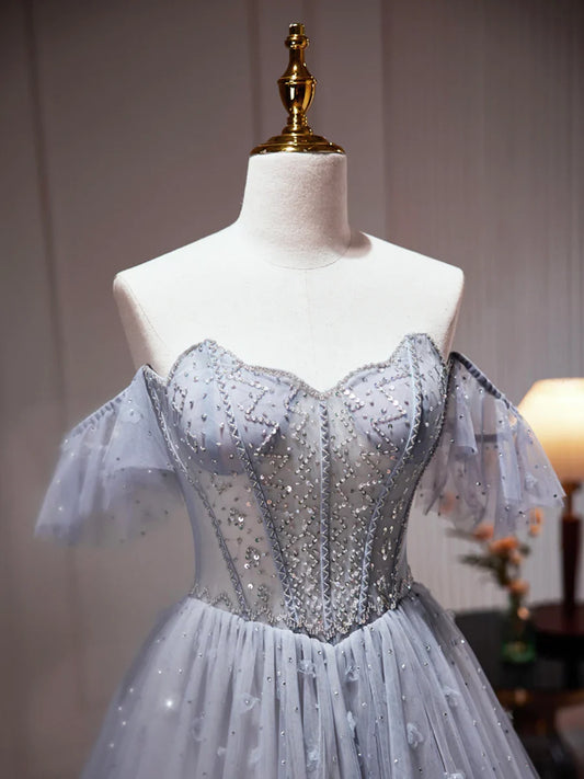 Gray Tulle Off Shoulder Beaded Party Dress, A-Line Tulle Formal Dress Prom Dress TP328