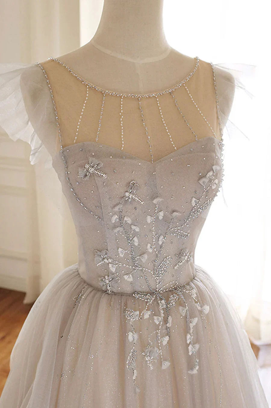 Cute Tulle Sequins Long Prom Dresses, A-Line Evening Dresses TP649