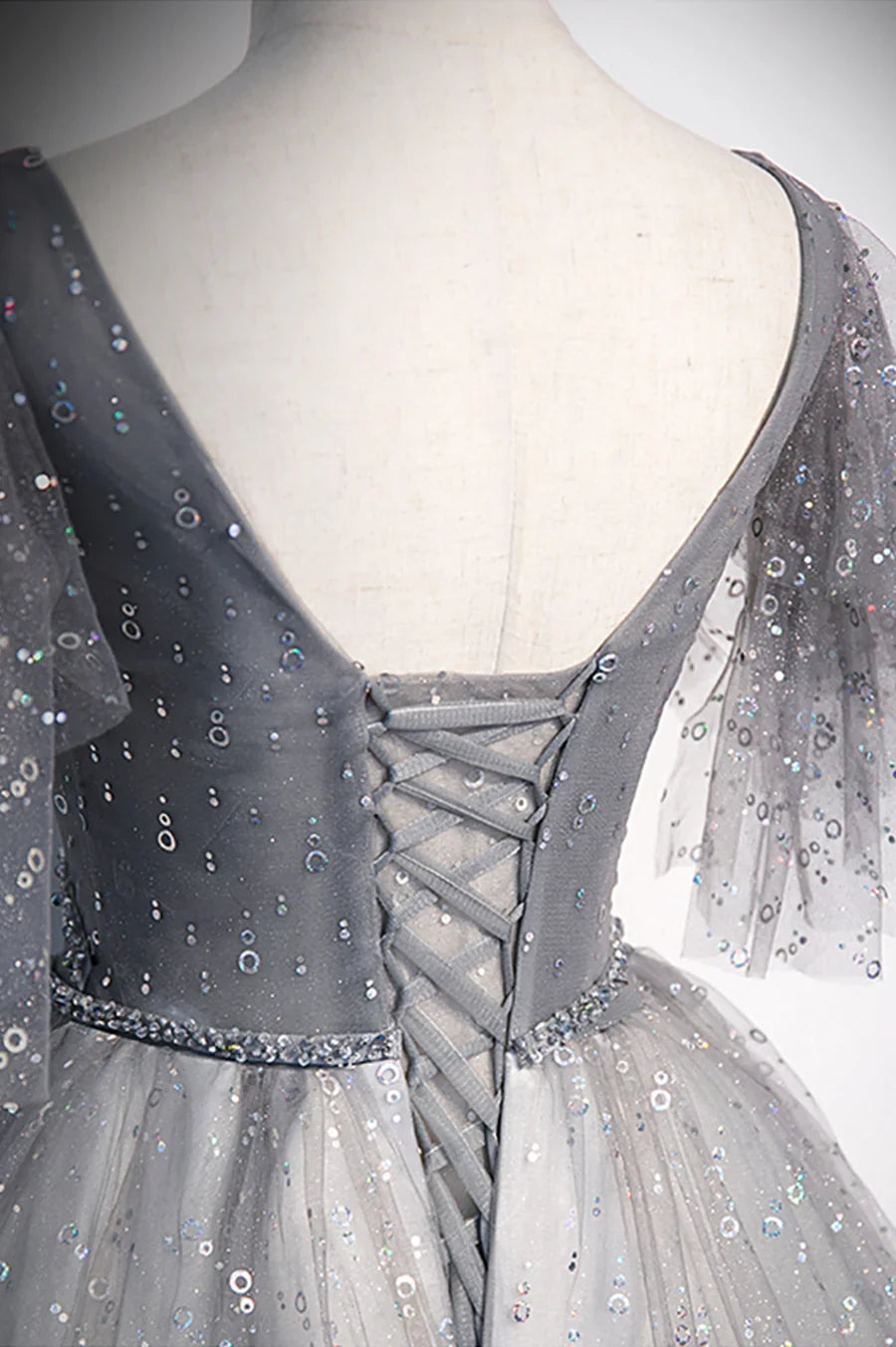 Grey V-Neck Tulle Long Prom Dresses, A-Line Evening Dresses TP690