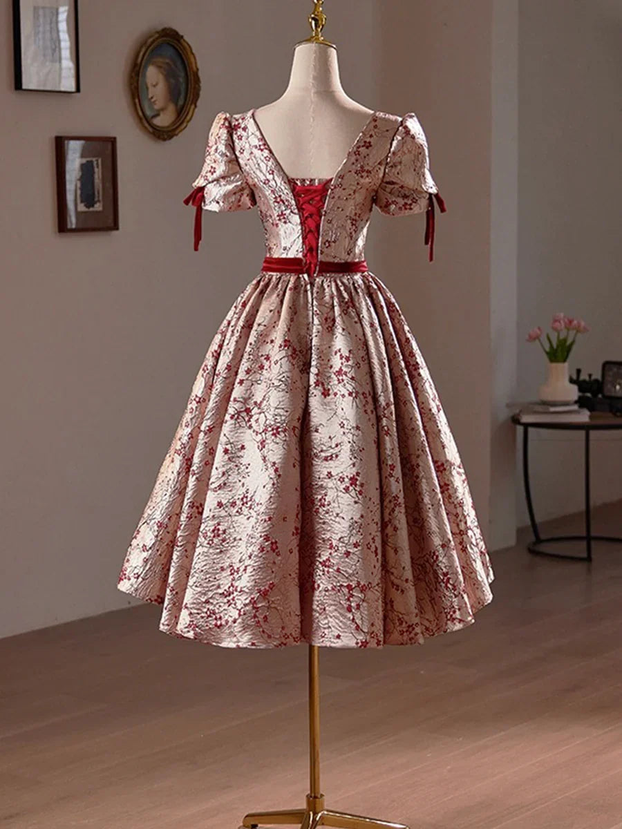 A-Line Floral Satin Short Prom Dress, Cute Short Sleeve Evening Homecoming Dress TP810
