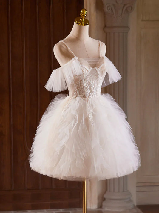 A-Line Tulle Layers Short Prom Dress, Light Champagne Spaghetti Strap Party Dress TP815