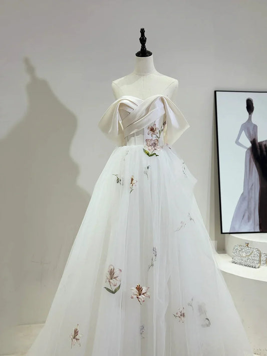 Beautiful Tulle Floral Lace Long Off-the-Shoulder Wedding Dress TP936