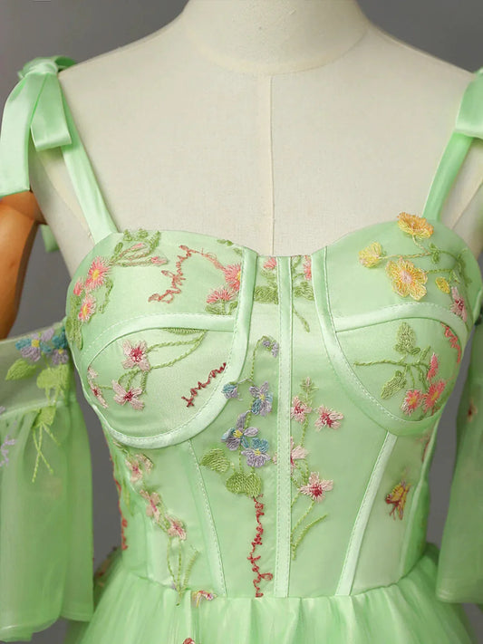 Light Green Tulle Floral Straps Long Formal Dress, Light Green Prom Dress TP987
