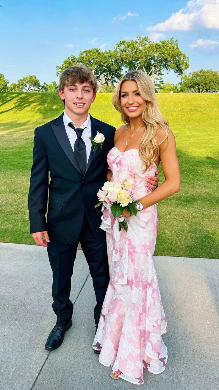 Pink Fashion Elegant Off-Shoulder Printed Floral Mermaid Slim Fit Long Ruffled Ball Gowns Prom Dress