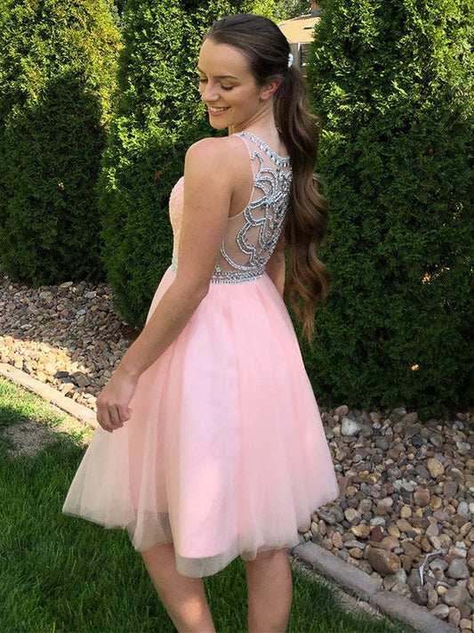 A-Line/Princess Scoop Tulle Sleeveless Beading Short/Mini Homecoming Dresses