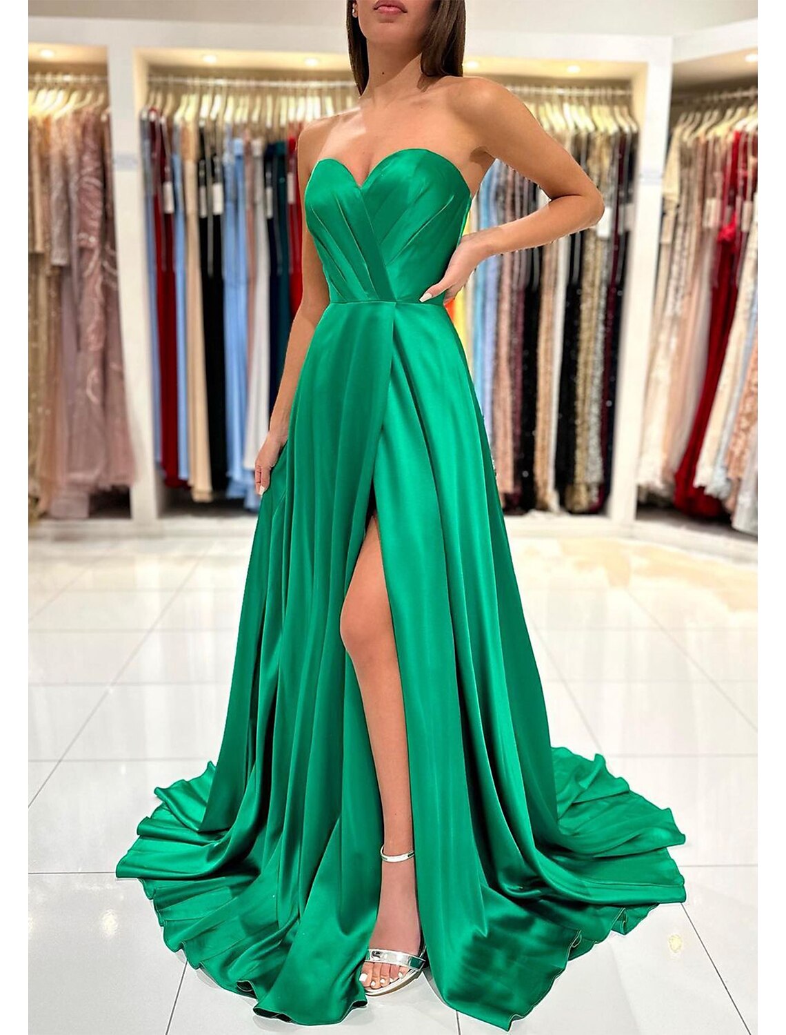 A-Line Prom Dress Christmas Red Green Dresses Empire Dress Formal Prom Sweep / Brush Train Sleeveless Sweetheart Backless with Pleats Slit 2026
