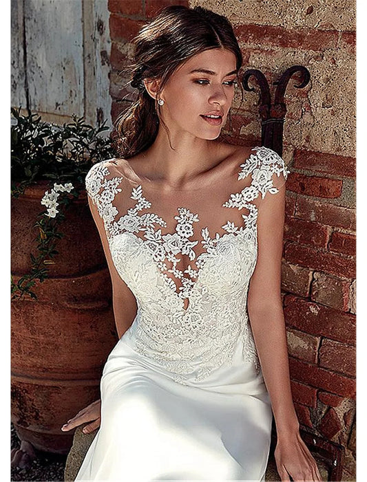 Beach Open Back Wedding Dresses Mermaid / Trumpet Illusion Neck Cap Sleeve Court Train Chiffon Outdoor Bridal Gowns With Appliques Summer Fall Wedding Party Women‘s Clothing