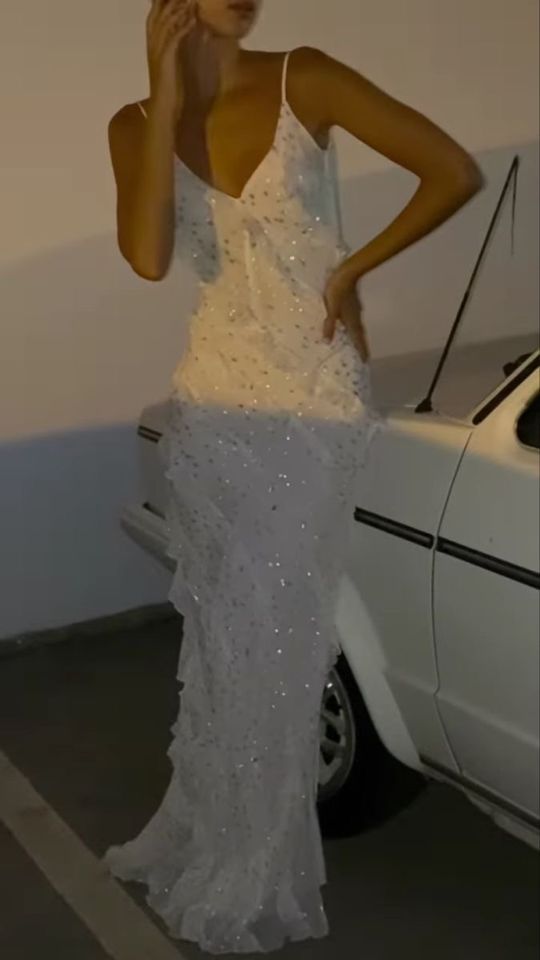 Modest V Neckline White Long Prom Dresses Prom Gowns