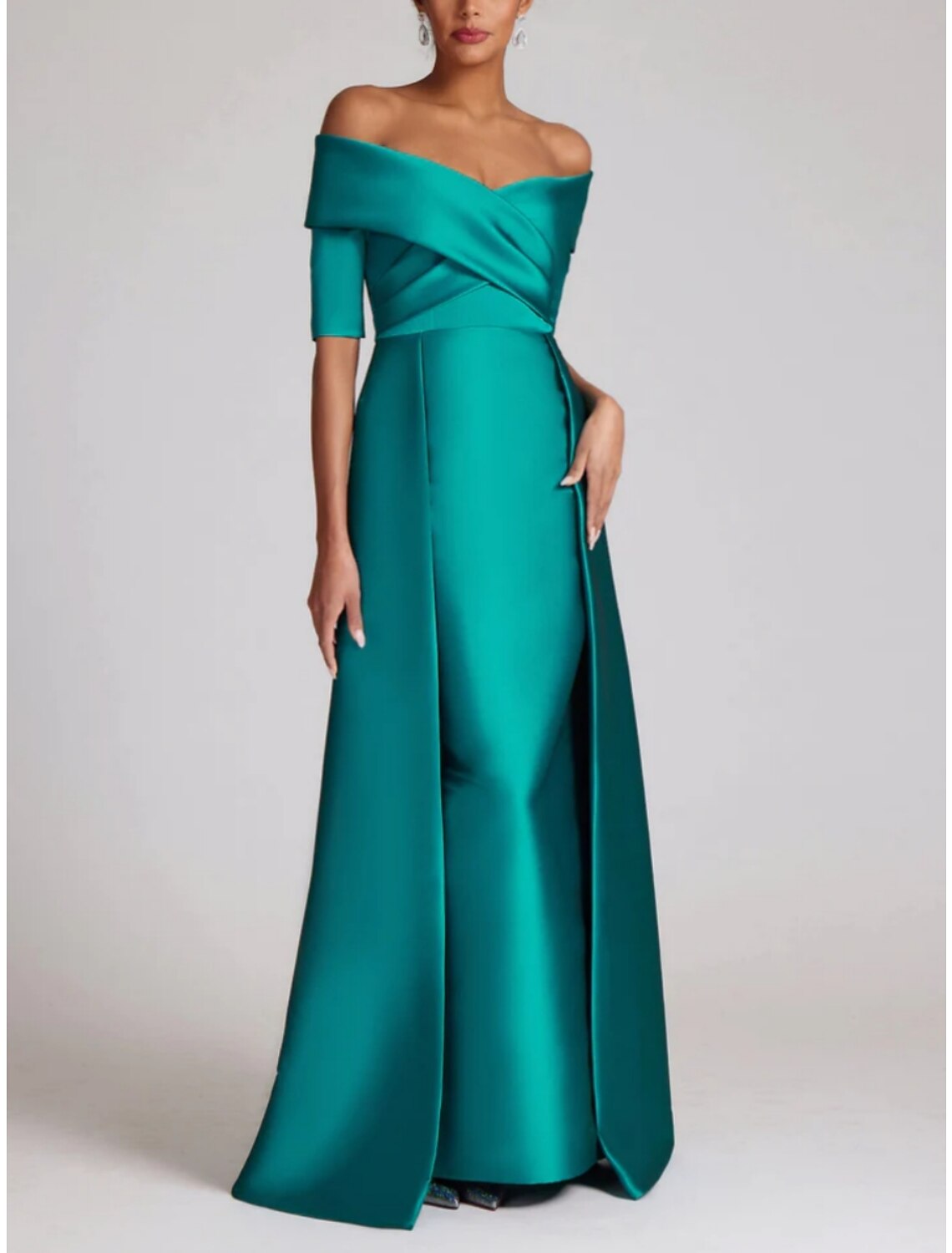 Sheath / Column Evening Gown Elegant Dress Formal Sweep / Brush Train Half Sleeve Off Shoulder Satin with Ruched 2026