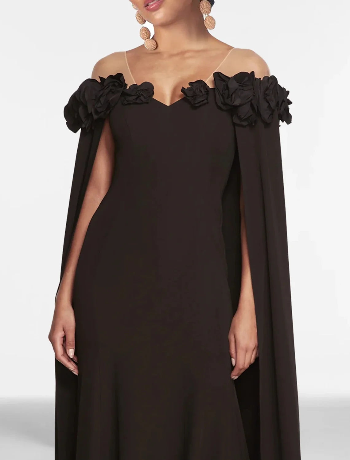 A-Line Evening Dress Black Dress Floral Dress Masquerade Prom Floor Length Sleeveless Off Shoulder Capes Chiffon with Shawl