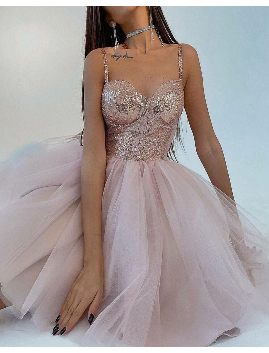 Ball Gown A-Line Sparkle & Shine Puffy Cocktail Party Prom Dress Spaghetti Strap Short Sleeve Knee Length Tulle with Sequin Tier 2026