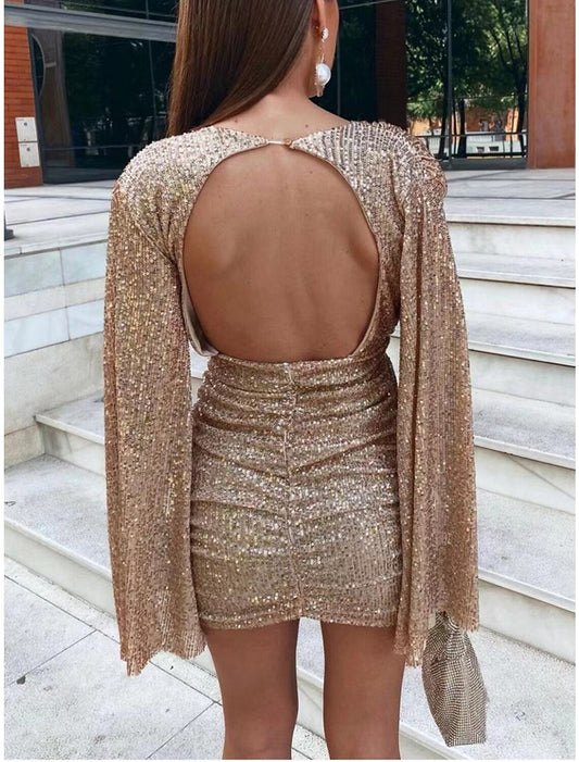 Women's Sequin Dress Party Dress Sparkly Dress Homecoming Dress Cocktail Dress Mini Dress Champagne Dark Green Dark Blue Long Sleeve Sparkly Glitter Spring Fall Winter Deep V Fashion