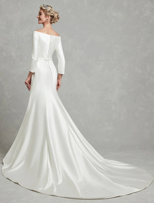 Casual Fall Wedding Dresses Mermaid / Trumpet Off Shoulder 3/4 Length Sleeve Chapel Train Satin Bridal Gowns With Pleats Summer Wedding Party Women's Clothing