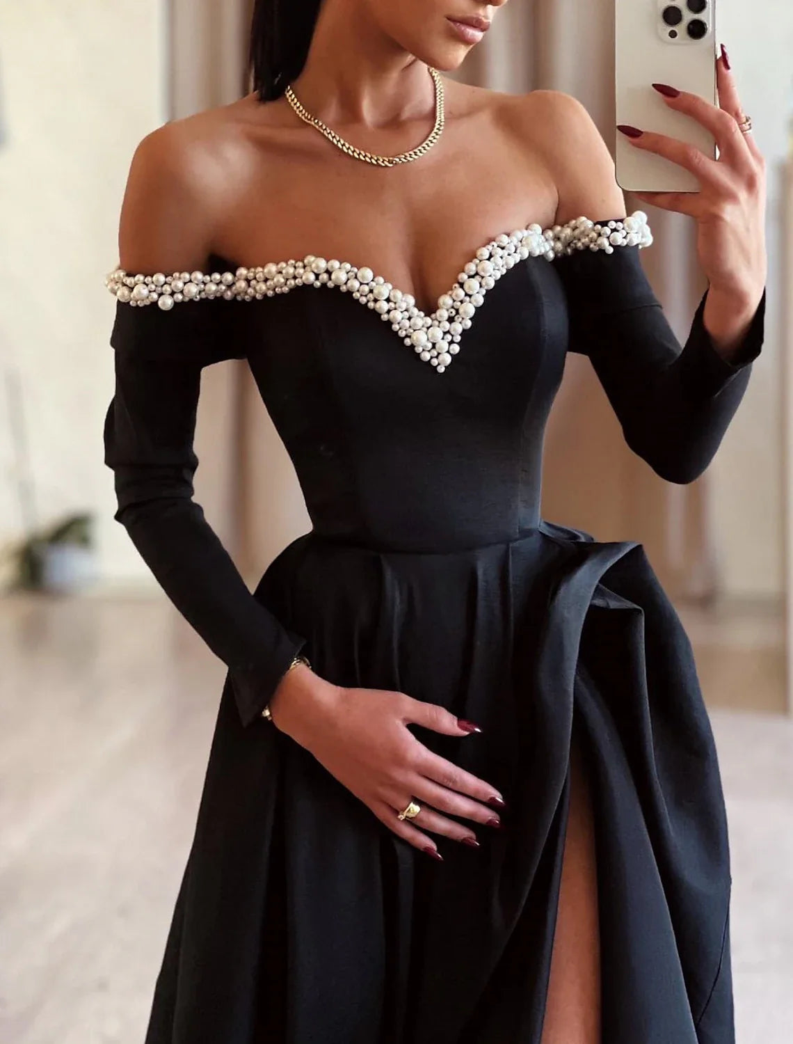 A-Line Evening Gown Black Dress Dress Formal Masquerade Sweep / Brush Train Long Sleeve Off Shoulder Satin with Pearls Slit 2026
