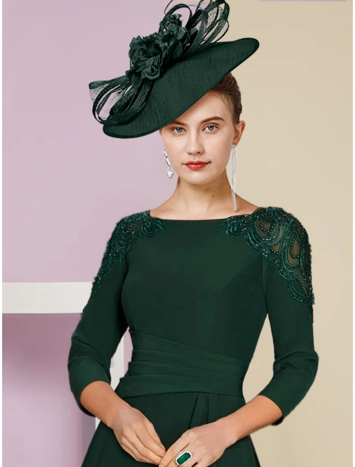 A-Line Mother of the Bride Dress Wedding Guest Elegant Scoop Neck Asymmetrical Chiffon 3/4 Length Sleeve with Sequin Ruching Solid Color