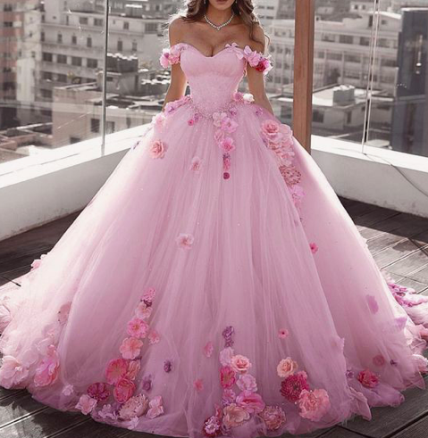 Off Shoulder Tulle Ball Gowns Wedding Dresses Floral Flowers Beaded