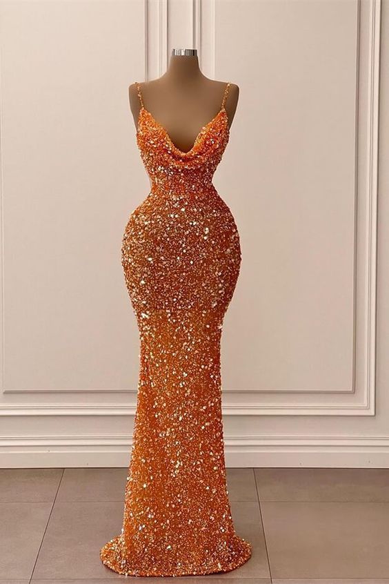 Orange Gorgeous Shiny V-Neck Mermaid Slim Spaghetti Straps Long Sequined Ball Gowns Prom Dress