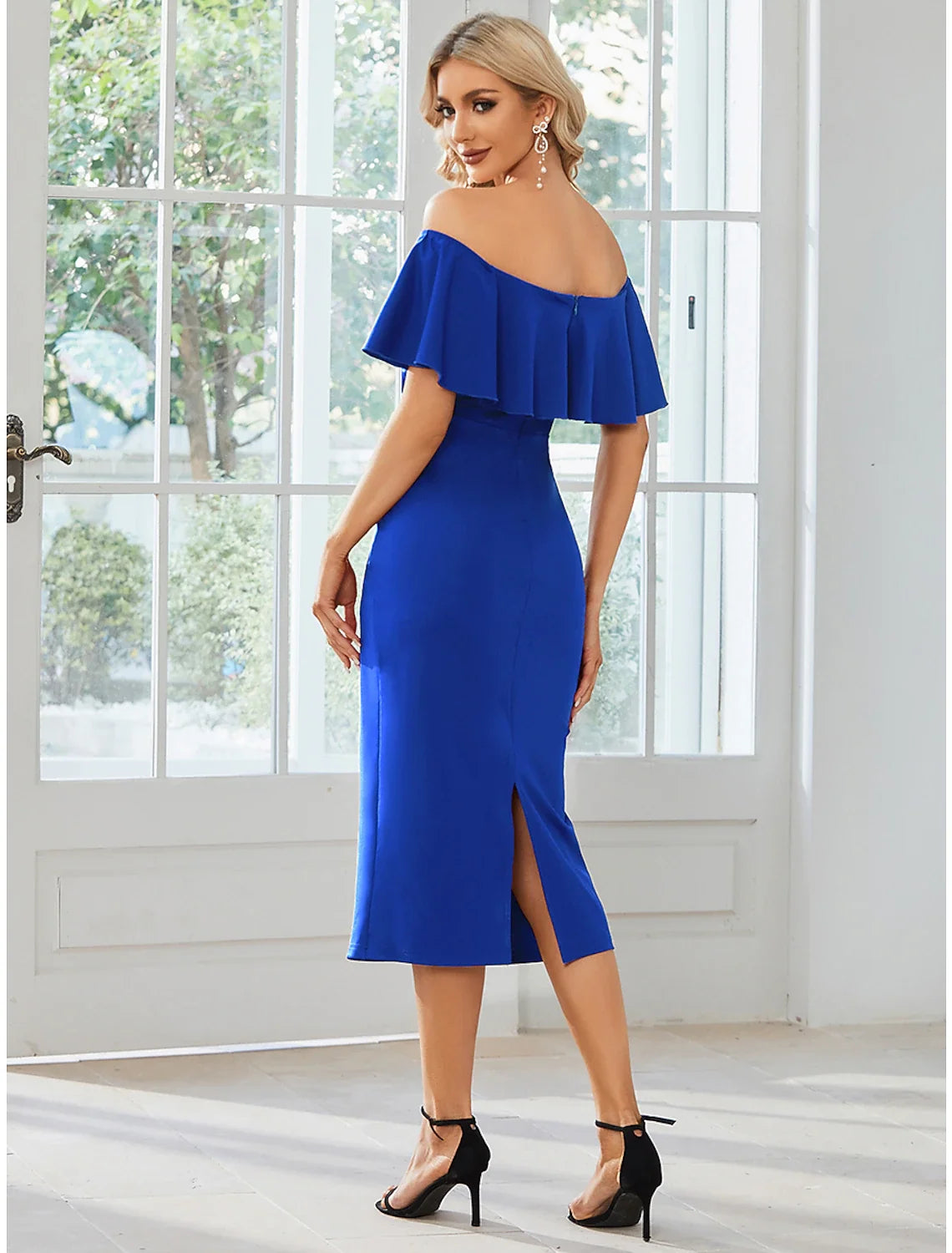 Sheath / Column Wedding Guest Dresses Minimalist Dress Party Wear Wedding Party Tea Length Short Sleeve Off Shoulder Bridesmaid Dress Fabric with Slit Pure Color