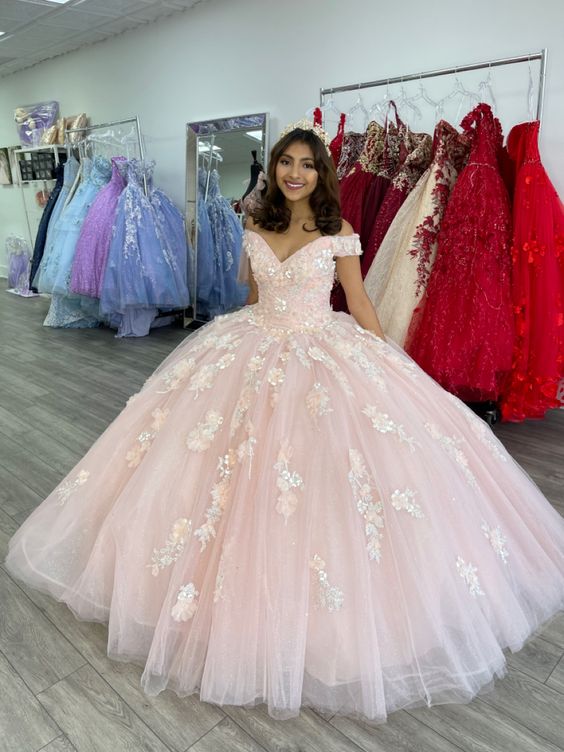 Pink Gorgeous Applique Sweet Long Tulle Elegant Ball Gowns Prom Dress Coming Of Age Ceremony Dresses