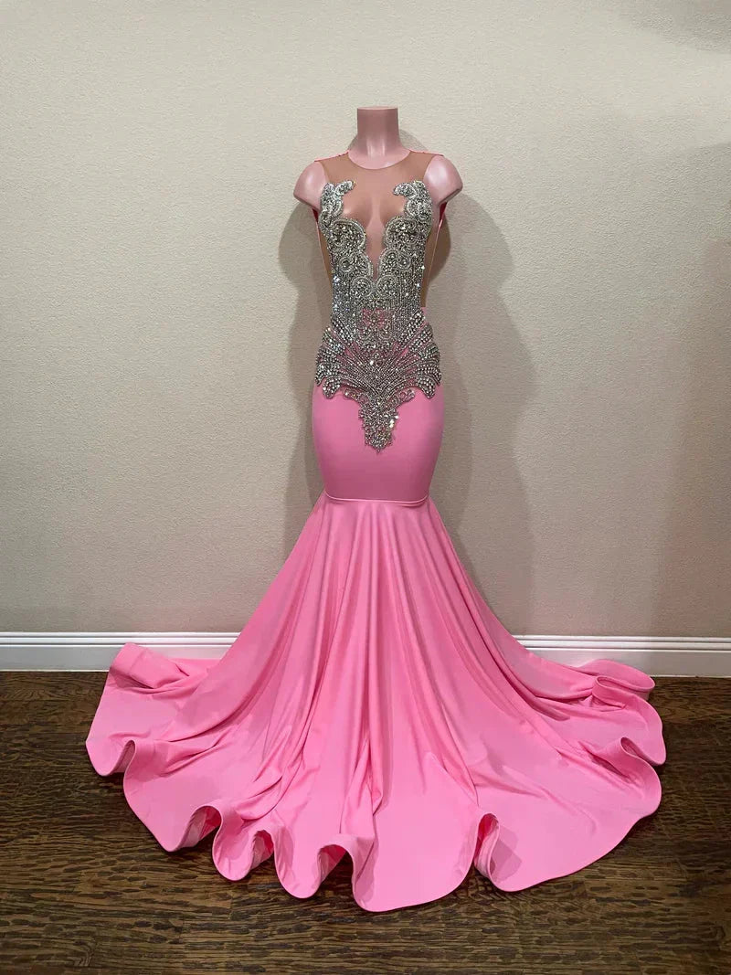 Pink Gorgeous Exquisite Beaded Elegant Stunning Mermaid Long Satin Floor Length Train Prom Dress Prom Gowns Prom Dresses