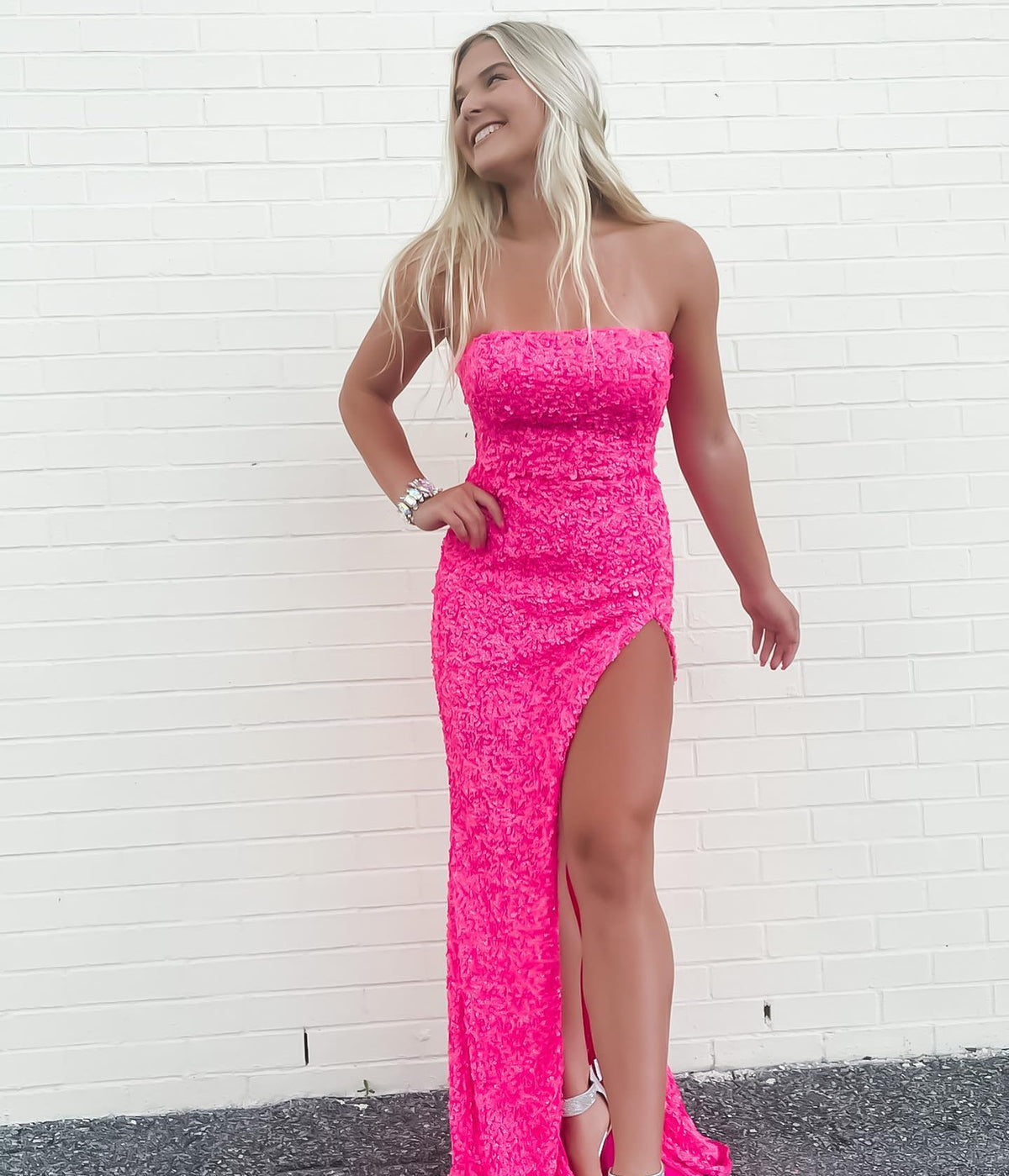 Pink Sequin Long Prom Dresses Strapless Mermaid Prom Gowns