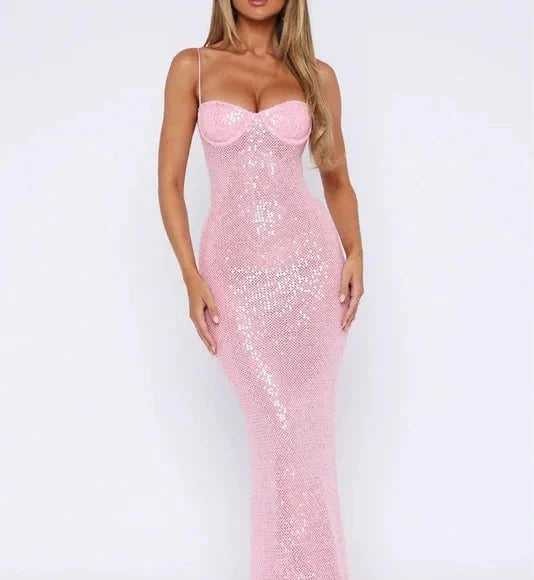 Pink Shiny Fashion Elegant Long Mermaid Slim Sequin Ball Gowns Prom Dress