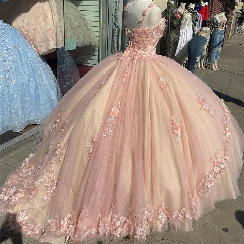 Pink Sparkly Quinceanera Prom Dresses Lace Flower Sweet 16 Tulle Prom Ball Gowns