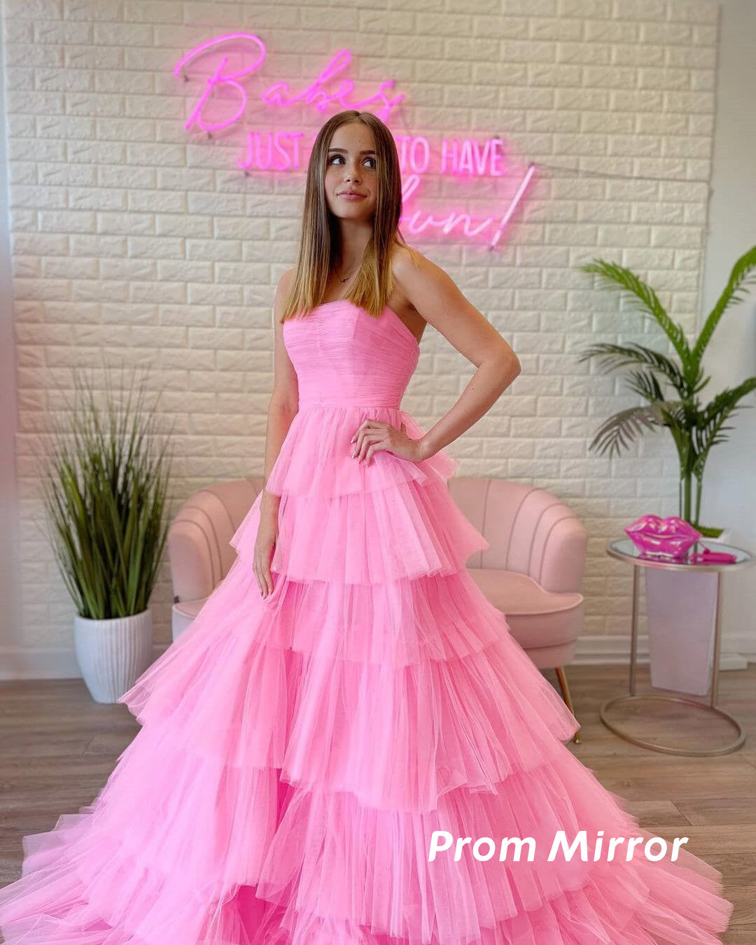 Pink Strapless Pleated Long Prom Dresses,Tulle Prom Dance Gowns