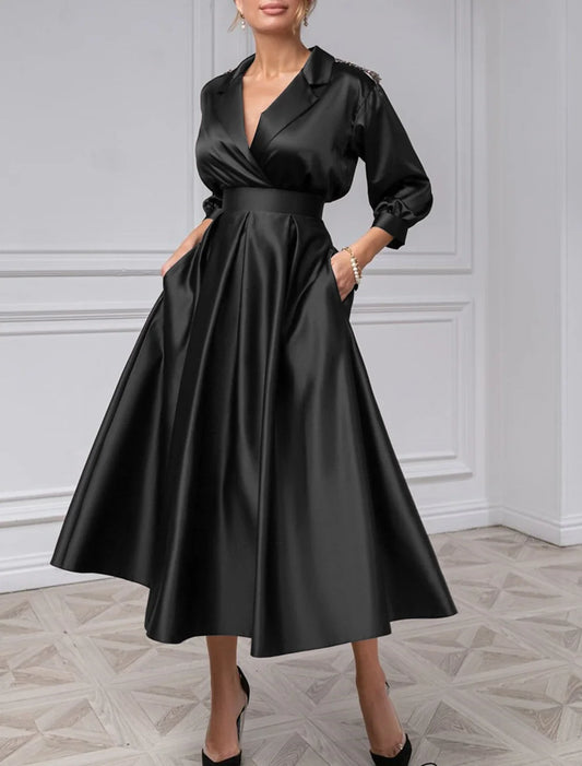 A-Line Cocktail Dresses Vintage Black Dress Plus Size Wedding Guest Evening Party Tea Length 3/4 Length Sleeve Shirt Collar Satin with Pleats 2026