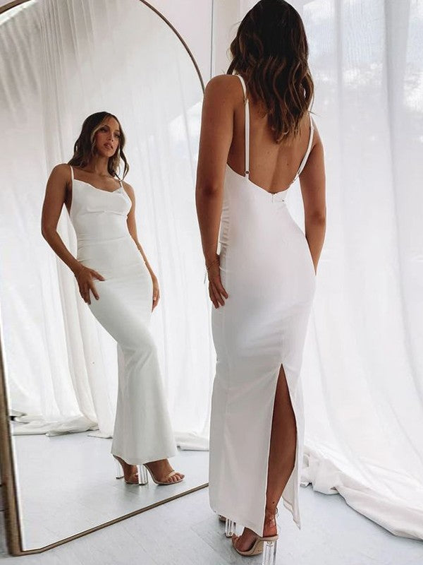 Sheath/Column Spaghetti Straps Crepe Ruched Sleeveless Floor-Length Dresses