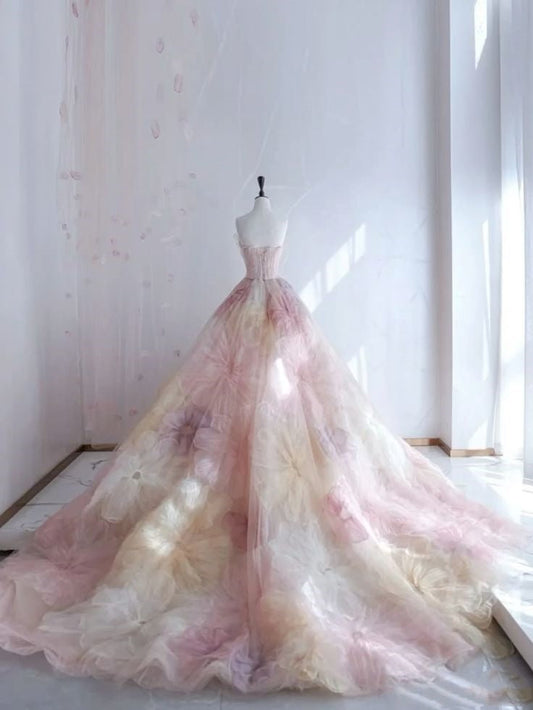 Pretty Ball Gowns Sweetheart Pink Flowers Tulle Long Quinceanera Dress Prom Short Sleeves Flowers Vestido De 15 Anos Sweet 16 Dresses