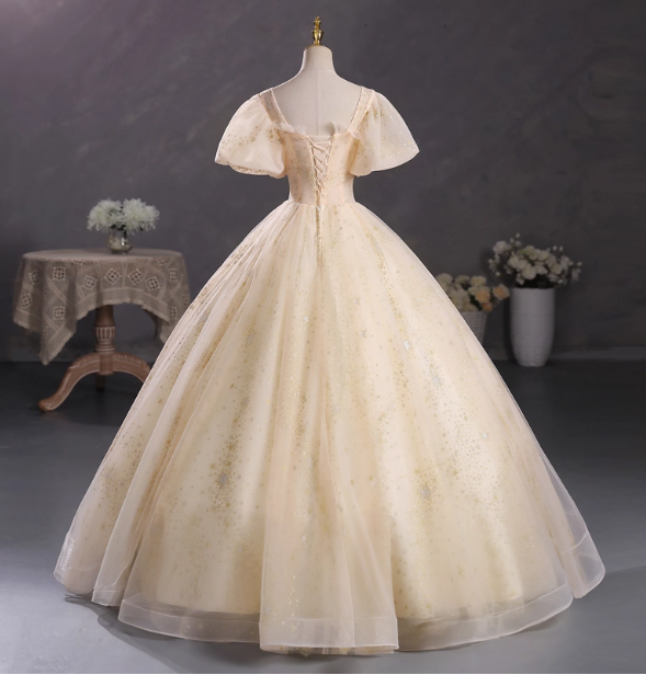 Princess Champagne Gold Square Neck Puff Sleeve Gold Embroidered Floral Tulle Ball Gown Evening Dresses Sweet 16 Dresses