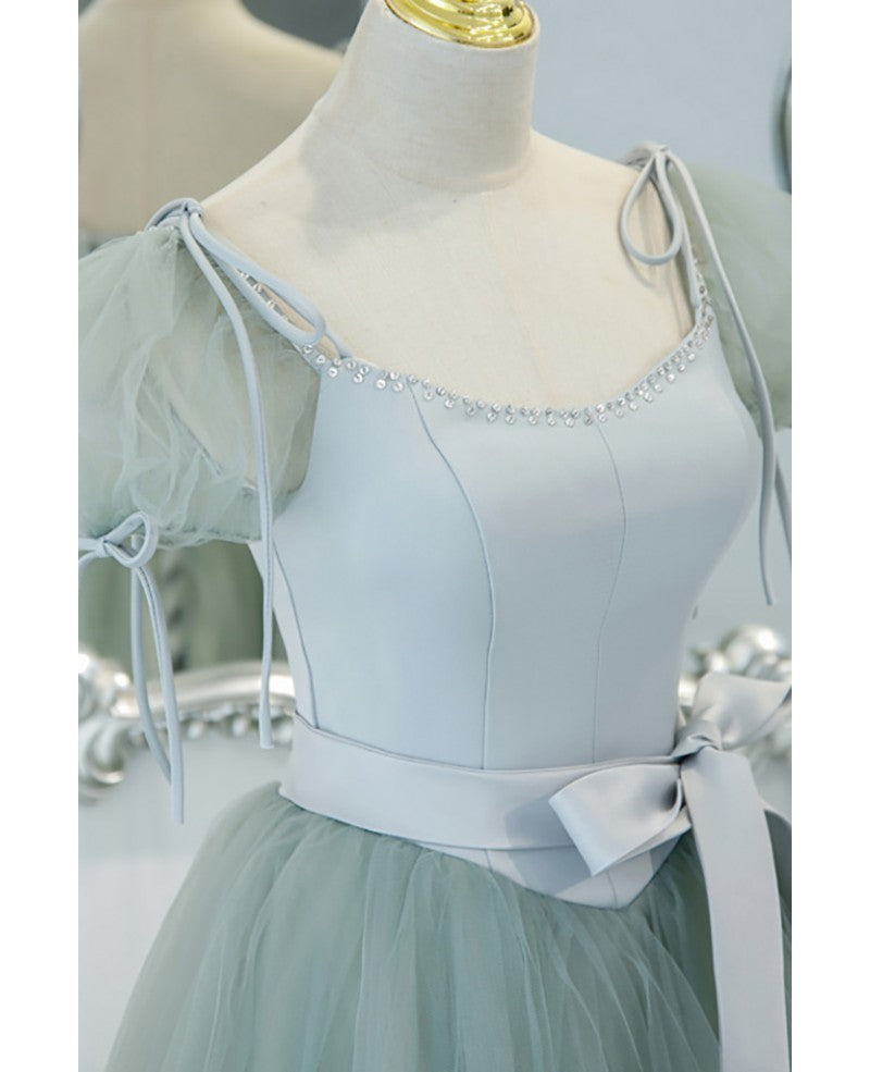 Unique and elegant mint green square neck fluffy short sleeved ball dress with mint green backless strap bow belt and floor length prom dress