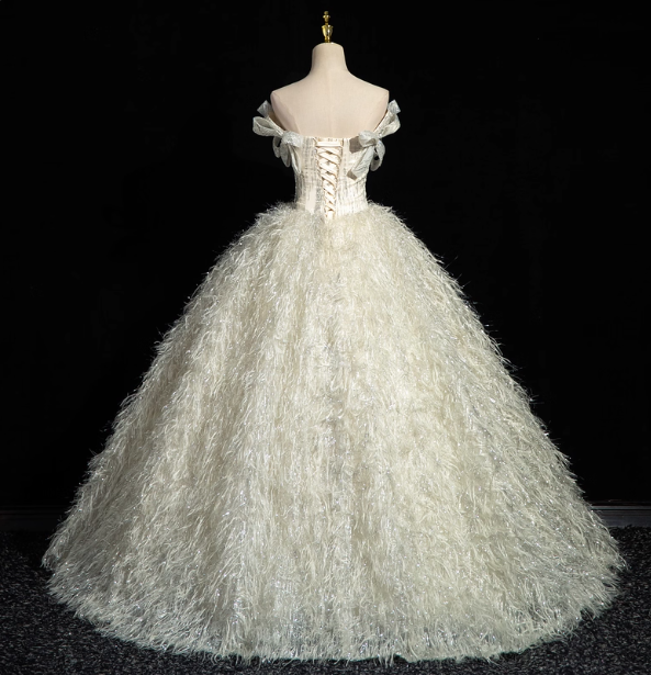 Princess Milk White Bowknot Off-The-Shoulder Feather Tulle Ball Gown Evening Dresses Sweet 16 Dresses
