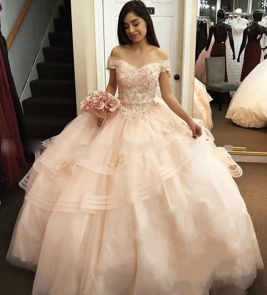 Sweet 16 Dresses Bead Ball Gowns Quinceanera Dresses Off The Shoulder Ruffle Tiered Puffy Prom Dresses C1922