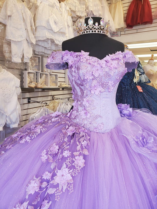 Off-The-Shoulder Lavender Tulle Quinceanera Dresses Flowers Ball Gown Sweet 15 C1601