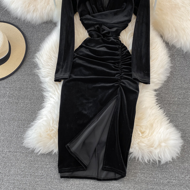 Simple V Neck Velvet Long Sleeve Dress Fashion Dress 10827
