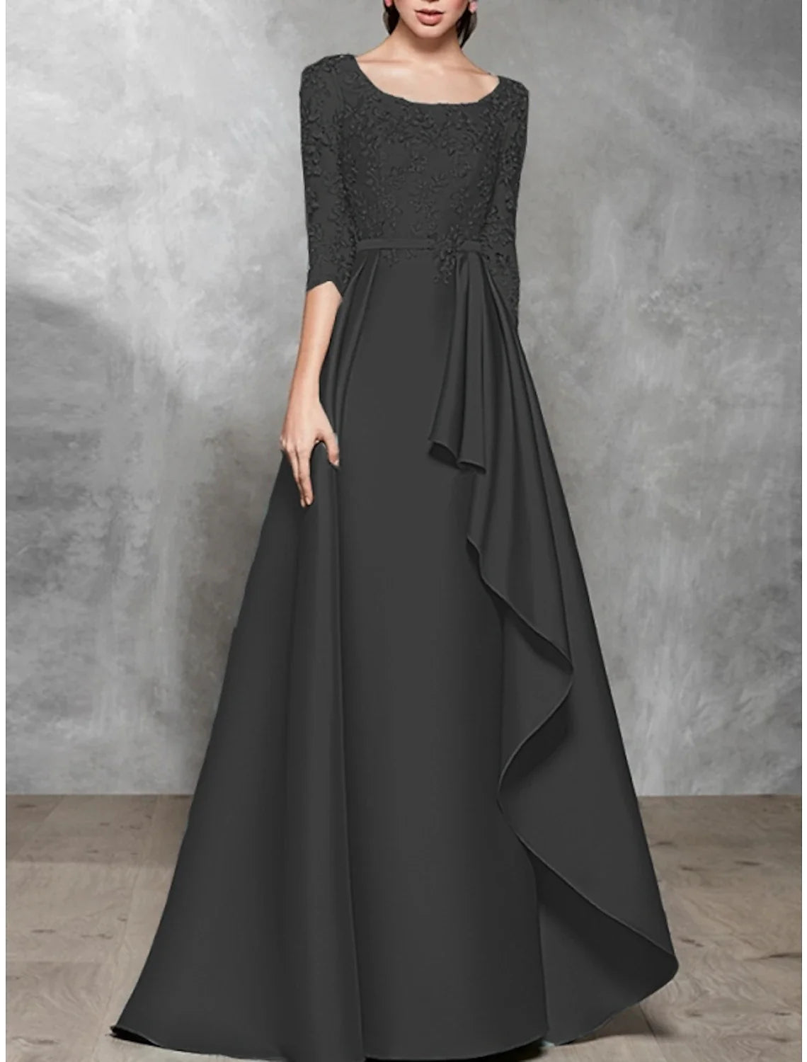 A-Line Evening Gown Black Dress Plus Size Elegant Dress Formal Wedding Floor Length Half Sleeve Scoop Neck Satin with Pleats 2026