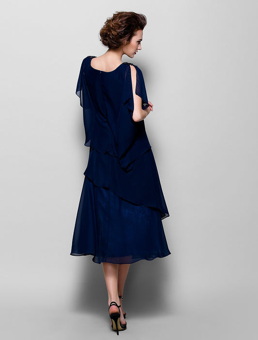 A-Line Mother of the Bride Dress Plus Size Elegant Cowl Neck Tea Length Chiffon Short Sleeve with Ruffles Crystal Brooch A-Line Mother of the Bride Dress Plus Size Elegant Cowl Neck Tea Length Chiffon Short Sleeve with Ruffles Crystal Brooch