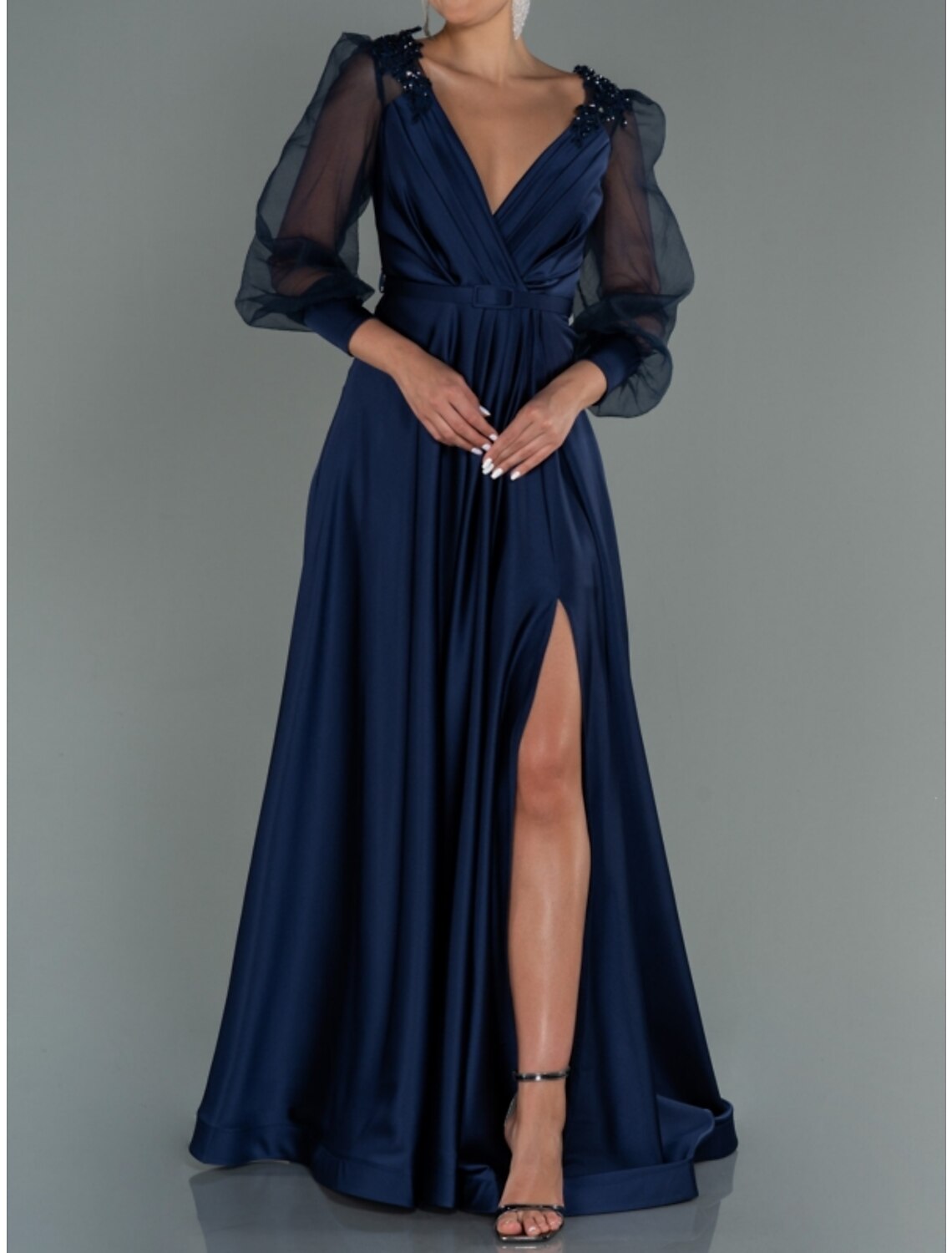 A-Line Evening Gown Elegant Dress Formal Fall Floor Length Long Sleeve V Neck Satin with Pleats Slit Shouder Flower 2026