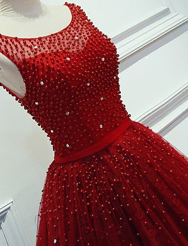Red Beading Sparkly Unique Ball Gown Round Neck Formal Elegant Long Prom Dresses