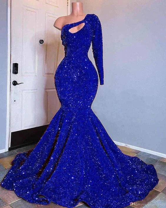 Red Sequined Mermaid Prom Dresses One Shoulder Long Sleeve Sequined Keyhole Prom Gown