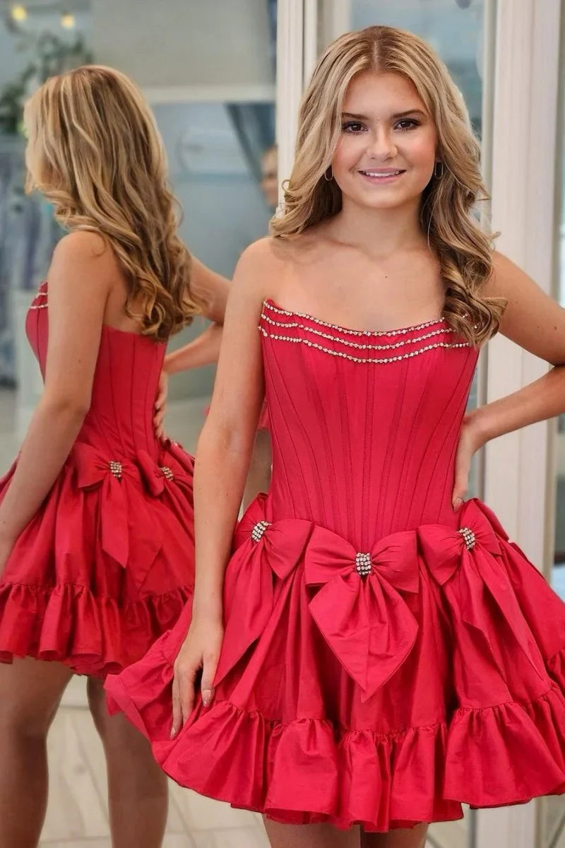 Vintage Red Beading Bow Ruffled Hem Design Strapless Homecoming Dress TP3759