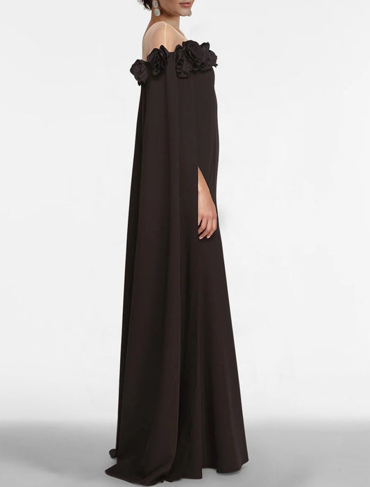 A-Line Evening Dress Black Dress Floral Dress Masquerade Prom Floor Length Sleeveless Off Shoulder Capes Chiffon with Shawl