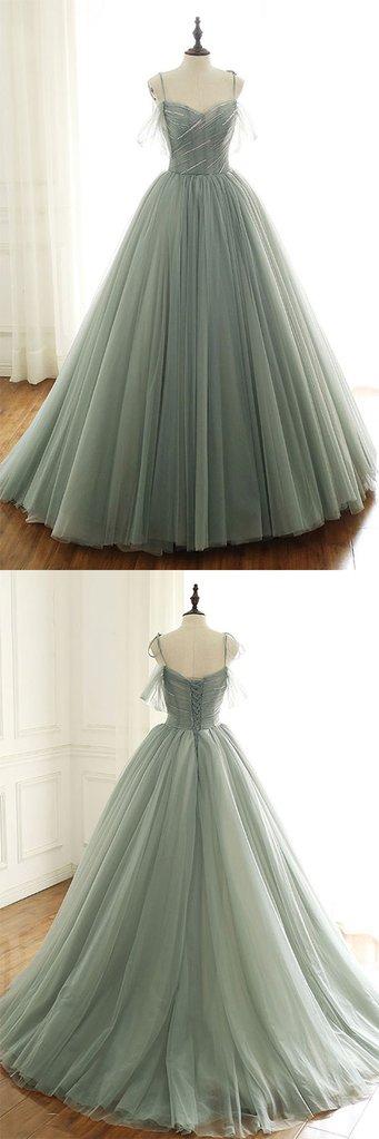 Sage Green Tulle Long Ball Gowns With Spaghetti Straps, Sage Green Sweet 16 Dresses Prom Gowns