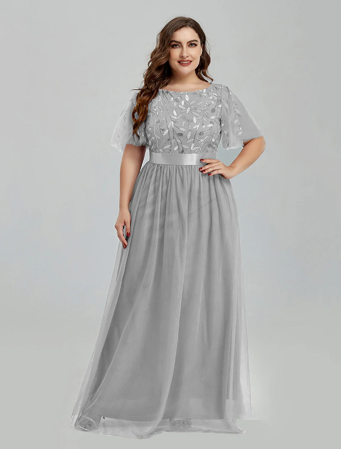 A-Line Prom Dresses Floral Dress Party Wear Quinceanera Floor Length Short Sleeve Jewel Neck Bridesmaid Dress Tulle with Embroidery Splicing