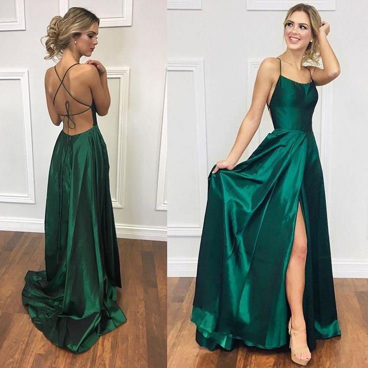Sexy A Line Halter Dark Green Satin Long Prom Gown Prom Dresses